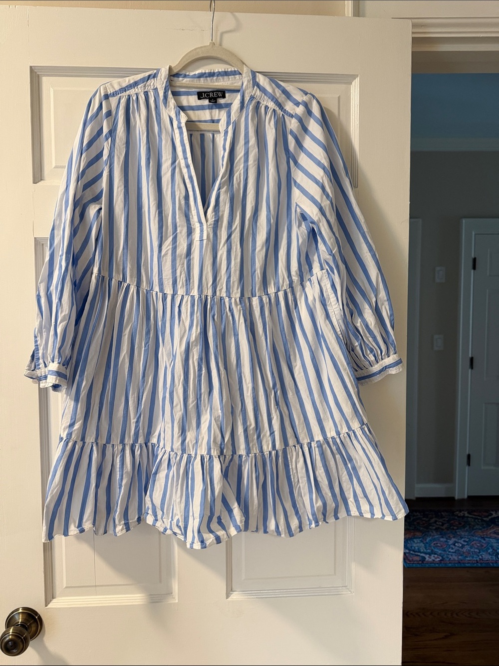 J. Crew Blue and White Striped Tiered Mini Dress
